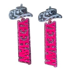 Cowgirl Earrings‎ YEEHAW Western Statement Dangle Drop Pink Glitter New